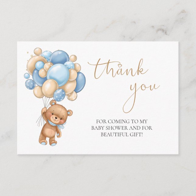 Carte D'accompagnement Ballons Bleus Teddy Bear Baby shower Merci (Devant)