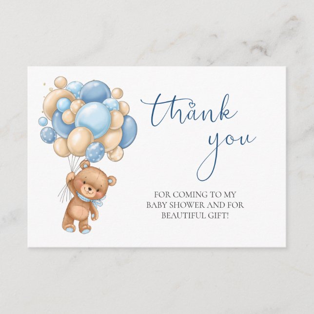 Carte D'accompagnement Ballons Bleus Teddy Bear Baby shower Merci (Devant)