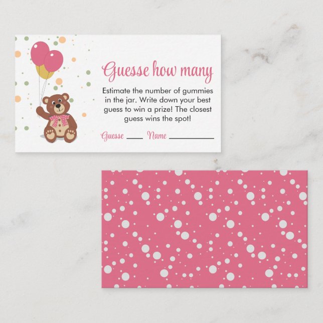 Carte D'accompagnement Ballons Cute Rose Cub Devinez Combien De Gummies J (Devant / Derrière)