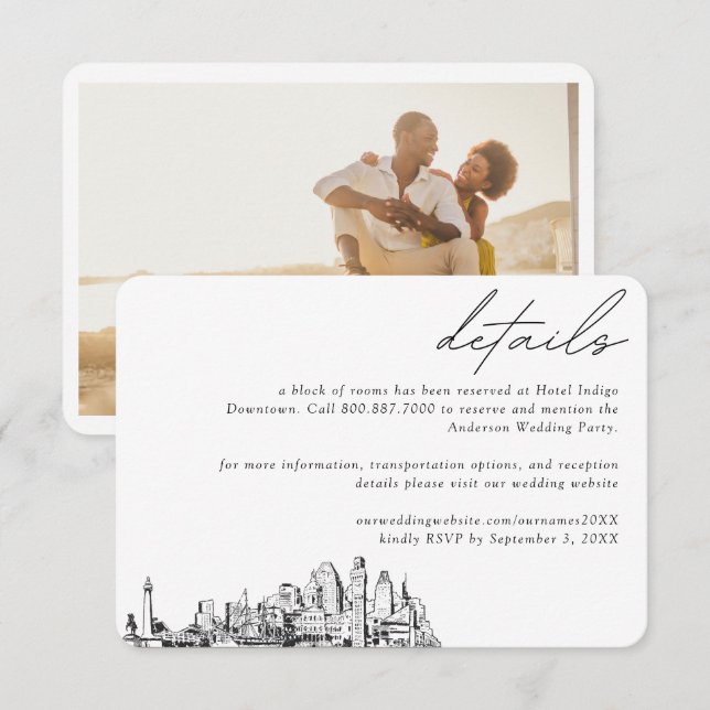 Carte D'accompagnement Baltimore Mariage Hotel Détails du bloc de chambre (Devant / Derrière)