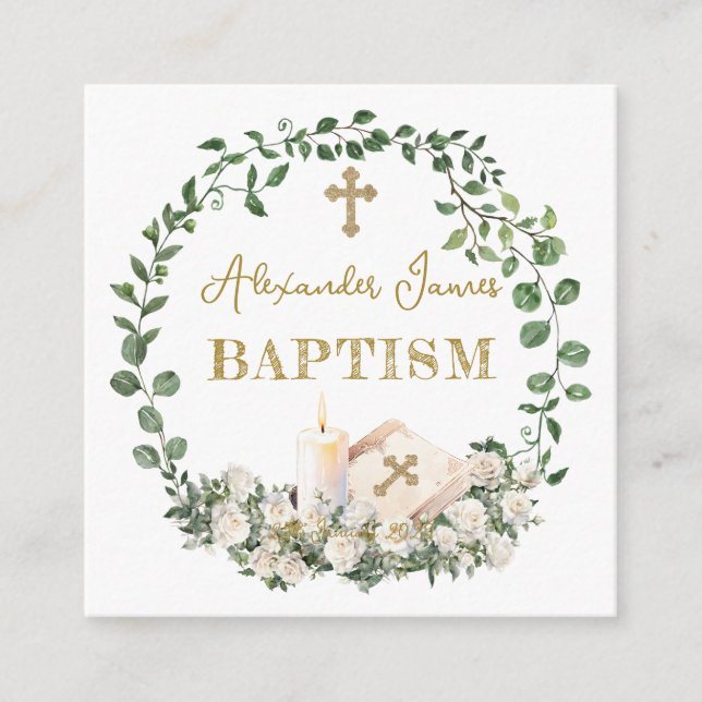 Carte D'accompagnement Baptême Eucalyptus Roses Croix  (Devant)