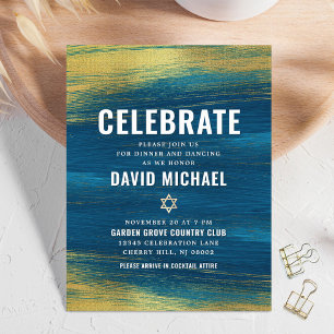 Carte D'accompagnement Bar Mitzvah Moderne Gras Type Or Feuille Turquoise