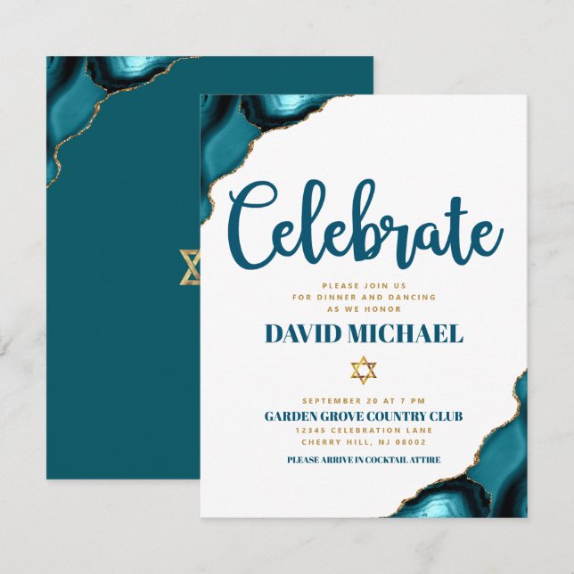 Carte D'accompagnement Bar Mitzvah Simple Moderne Agate Turquoise Script (Devant / Derrière)