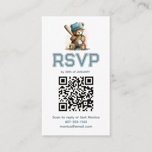 Carte D'accompagnement Baseball Teddy Bear Baby Shower QR Code RSVP  (Devant)