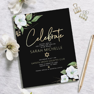 Carte D'accompagnement Bat mitzvah Black Gold Script Aquarelle Floral