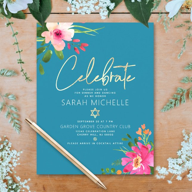 Carte D'accompagnement Bat mitzvah Bleu Aquarelle Floral Gold Script (Créateur téléchargé)