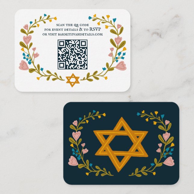 Carte D'accompagnement Bat mitzvah de couronne florale Code QR personnali (Devant / Derrière)