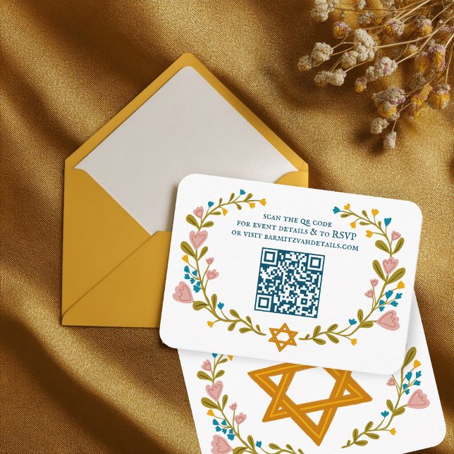 Carte D'accompagnement Bat mitzvah de couronne florale Code QR personnali (Floral Wreath Bat Mitzvah Hand-drawn Custom QR code Enclosure Card
)