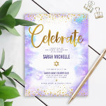 Carte D'accompagnement Bat mitzvah doré moderne feuille d'or violet aquar<br><div class="desc">Soyez fier, réjouissez-vous et présentez cette étape importante de votre Bat mitzvah préféré ! Inclure cette fausse feuille et points de parties scintillant brillants, modernes et brillants, contre un arrière - plan d'aquarelle mauve souple, insert personnalisé pour plus d'informations sur votre événement. Personnalisez le texte personnalisé avec le nom, la...</div>