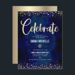 Carte D'accompagnement Bat mitzvah Marine Gold Parties scintillant à huil<br><div class="desc">Soyez fier, réjouissez-vous et présentez cette étape importante de votre Bat mitzvah préféré ! Inclure ce superbe encart moderne et personnalisé pour plus d'informations sur votre événement. Le script de calligraphie de feuille d'or, Star of David, et les confettis, superposent un arrière - plan d'aquarelle bleu marine, riche, spectaculaire. Personnalisez...</div>