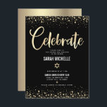 Carte D'accompagnement Bat mitzvah moderne Black Gold Parties scintillant<br><div class="desc">Soyez fier, réjouissez-vous et présentez cette étape importante de votre Bat mitzvah préféré ! Inclure ce superbe encart moderne et personnalisé pour plus d'informations sur votre événement. Scénario de calligraphie de film d'or imitation graphique, Star of David, et confetti, superposent un riche, dramatique, arrière - plan noir. Personnalisez le texte...</div>