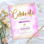 Carte D'accompagnement Bat mitzvah moderne feuille d'or ciré couleur rose<br><div class="desc">Soyez fier, réjouissez-vous et présentez cette étape importante de votre Bat mitzvah préféré ! Inclure cette fausse feuille et points de parties scintillant brillants, modernes et brillants, contre un arrière - plan d'aquarelle rose doux, insert personnalisé pour des informations supplémentaires sur votre événement. Personnalisez le texte personnalisé avec le nom,...</div>