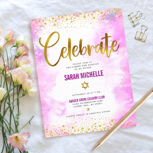 Carte D'accompagnement Bat Mitzvah moderne fille doré feuille rose aquare