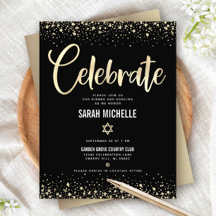 Carte D'accompagnement Bat Mitzvah Moderne Noir Paillettes Dorées Écritur