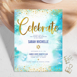 Carte D'accompagnement Bat Mitzvah or moderne turquoise aquarelle feuille