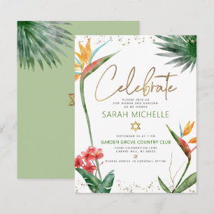 Carte D'accompagnement Bat Mitzvah Or Tropical Script Floral Aquarelle