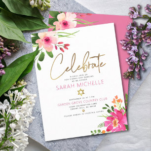 Carte D'accompagnement Bat Mitzvah Rose Aquarelle Florale Or Écriture