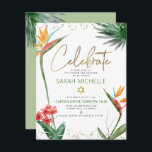 Carte D'accompagnement Bat mitzvah Tropical Gold Script Floral Aquarelle<br><div class="desc">Soyez fier, réjouissez-vous et présentez cette étape importante de votre Bat mitzvah préféré ! Inclure cette encart moderne, brillant et personnalisé pour plus d'informations sur votre événement. Élégant, étonnant, coloré, oiseaux d'aquarelle tropicale de fleurs de paradis, faux écriture manuscrite or, Star of David et points de parties scintillant, avec vert...</div>