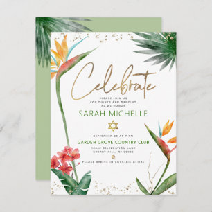 Carte D'accompagnement Bat mitzvah Tropical Gold Script Floral Aquarelle