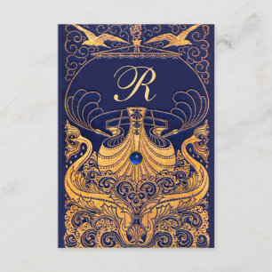 Carte D'accompagnement Bateau antique, Dauphins, Or, Bleu marine