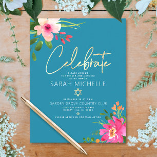 Carte D'accompagnement Batik Mitzvah Bleu Aquarelle Florale Or Script
