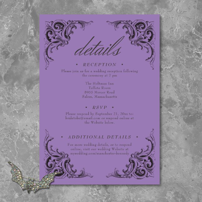 Carte D'accompagnement Batte victorienne jusqu'à la mort Mariage noir et  (Victorian Bat Until Death Black & Purple Wedding Enclosure Card)