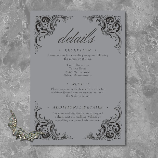 Carte D'accompagnement Batte victorienne jusqu'à la mort Mariage noir et  (Victorian Bat Until Death Black & Gray Wedding Enclosure Card)