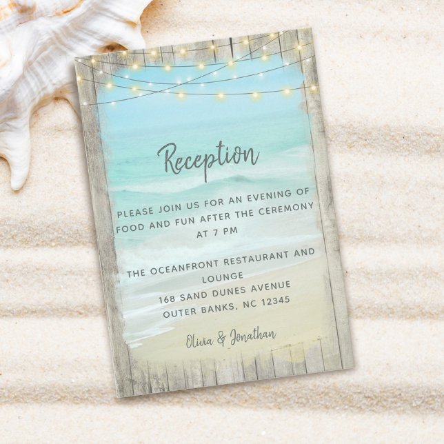 Carte D'accompagnement Beach String Lights Rustic Wood Wedding Réception (Créateur téléchargé)