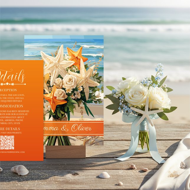 Carte D'accompagnement Beach Wedding Orange Starfish Bouquet Details Card (Créateur téléchargé)