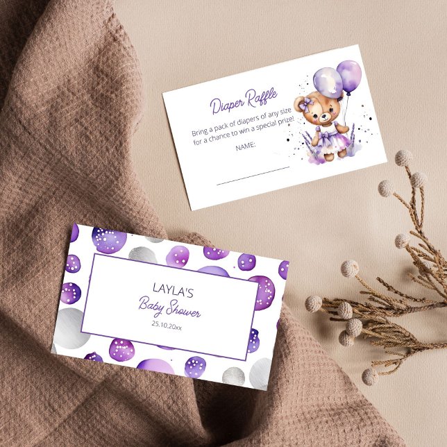Carte D'accompagnement Béary ours en peluche violet baby shower tombole d (Teddy bear purple diaper raffle card cute teddy bear with purple dress lavender balloons raffle card)