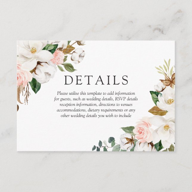 Carte D'accompagnement Beau Blush & White Flowers Détails du Mariage (Devant)