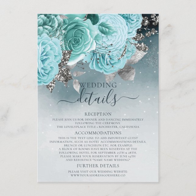 Carte D'accompagnement Beau Dusty Blue Floral Détails du Mariage (Devant)