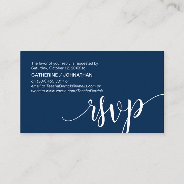 Carte D'accompagnement Beau Script bleu marine, RSVP répondre (Devant)