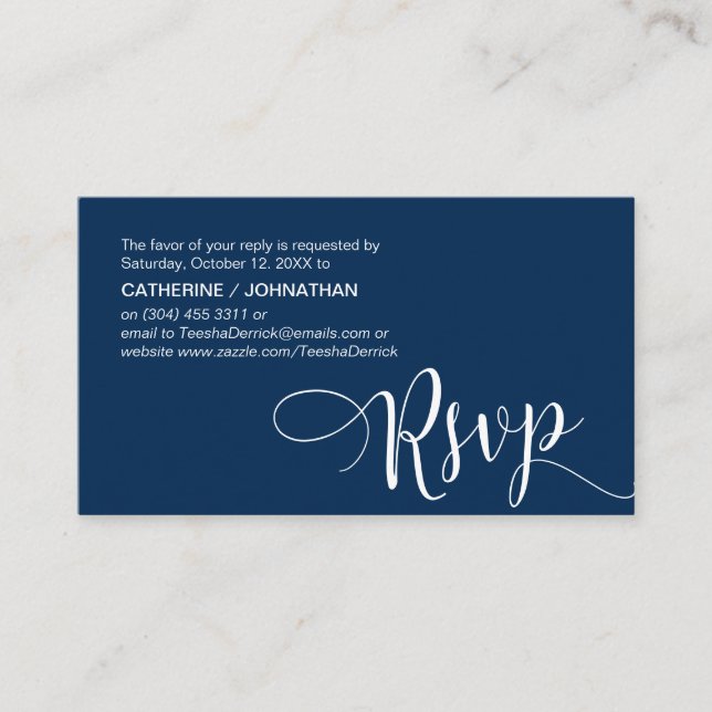 Carte D'accompagnement Beau Script bleu marine, RSVP répondre (Devant)