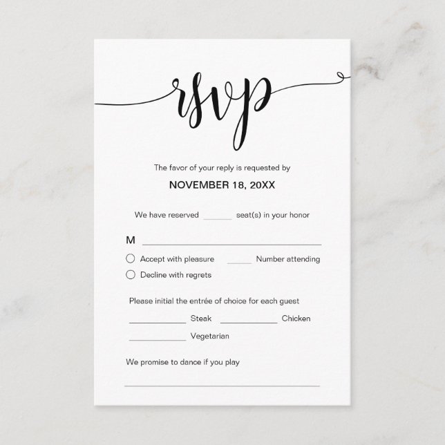 Carte D'accompagnement Beau script noir, RSVP, Répondre (Devant)