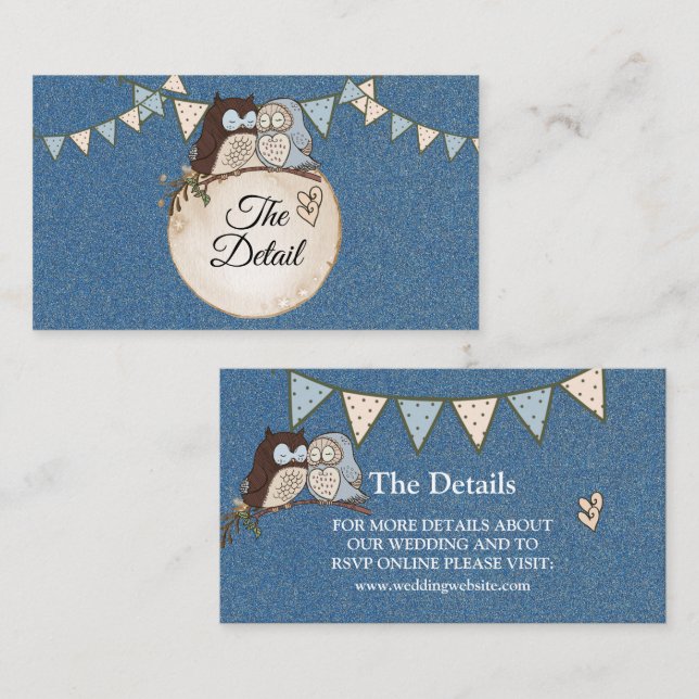 Carte D'accompagnement Beautiful Wedding Blue Brown Owl Glitter Detail (Devant / Derrière)