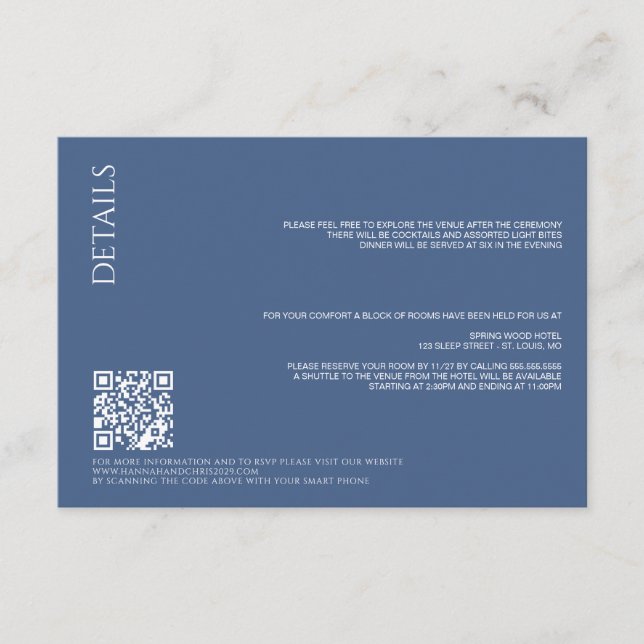 Carte D'accompagnement Beaux détails bleus avec Mariage de code QR (Devant)