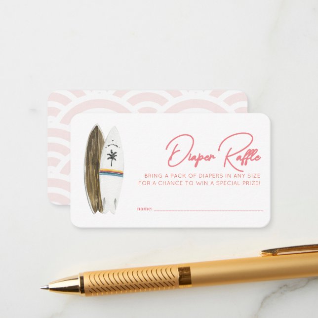 Carte D'accompagnement Bébé à bord Planche de Surf Rose Ticket de Tirage  (Devant/Arrière en situation)