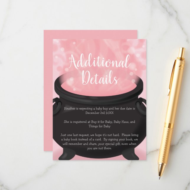 Carte D'accompagnement Bébé brasse Sorcière douche gothique rose fille (Devant/Arrière en situation)