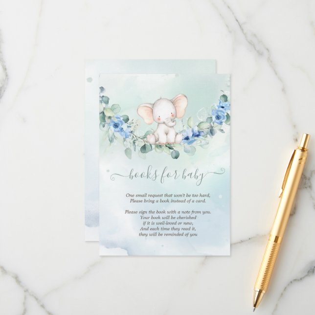 Carte D'accompagnement Bébé éléphant mignon Roses bleues  (Devant/Arrière en situation)