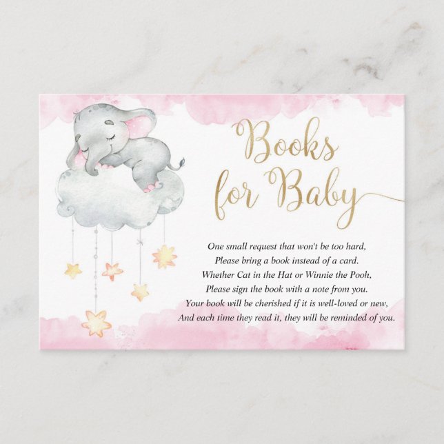 Carte D'accompagnement Bébé éléphant rose étoiles livres pour bébé (Devant)