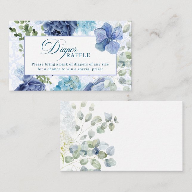 Carte D'accompagnement Bébé en fleur bleu Baby shower jeu de tombola (Devant / Derrière)