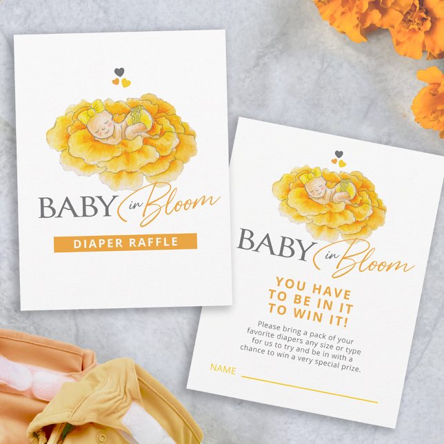 Carte D'accompagnement Bébé en fleur jaune baby shower tombole (Créateur téléchargé)