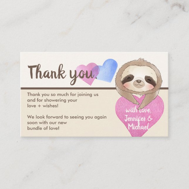 Carte D'accompagnement Beige Brown Coeur mignon Baby Sloth Merci (Devant)