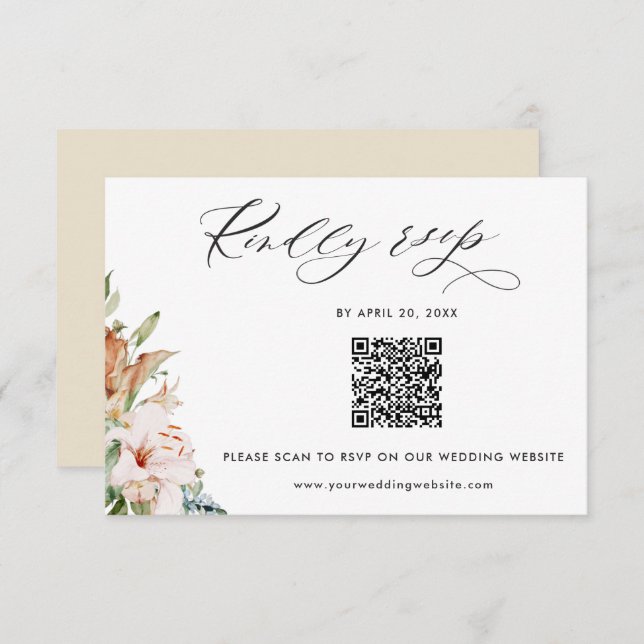 Carte D'accompagnement Beige Earthy Blooms QR Code Rsvp Mariage en ligne (Devant / Derrière)