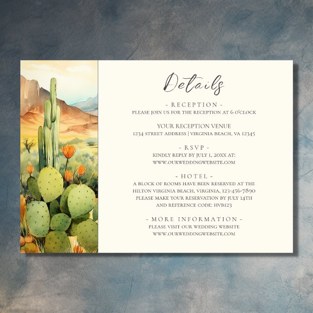 Carte D'accompagnement Belle aquarelle Desert Cactus Détails du Mariage (Front - Beautiful Watercolor Desert Cactus Wedding Details Enclosure Card)