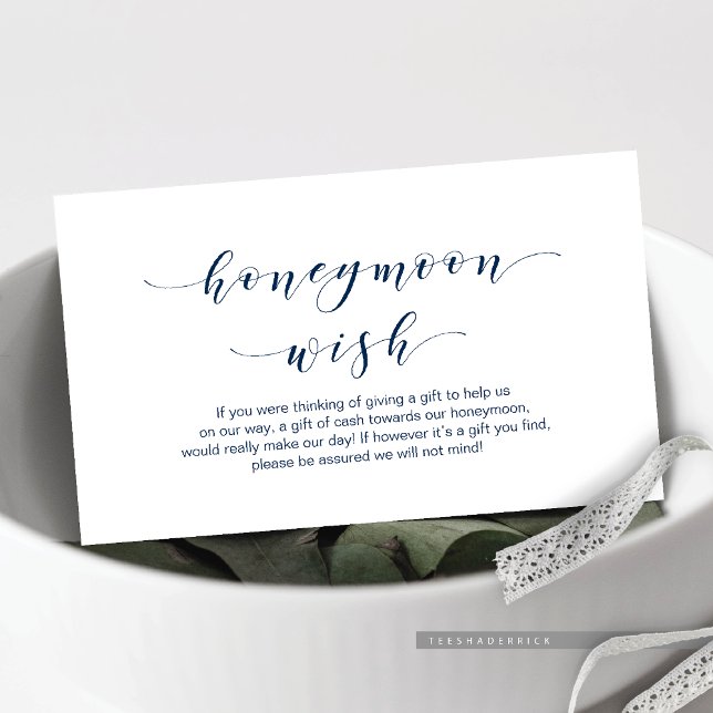 Carte D'accompagnement Belle Elégante, Écriture Bleue Marine Honeymoon Wi (Wedding Honeymoon Wish Enclosure Card, in Beautiful Elegant, Navy Blue script font)