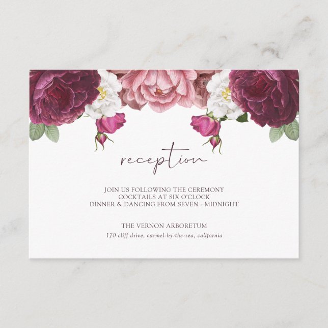 Carte D'accompagnement Belle Floral Bourgogne Mariage réception (Devant)
