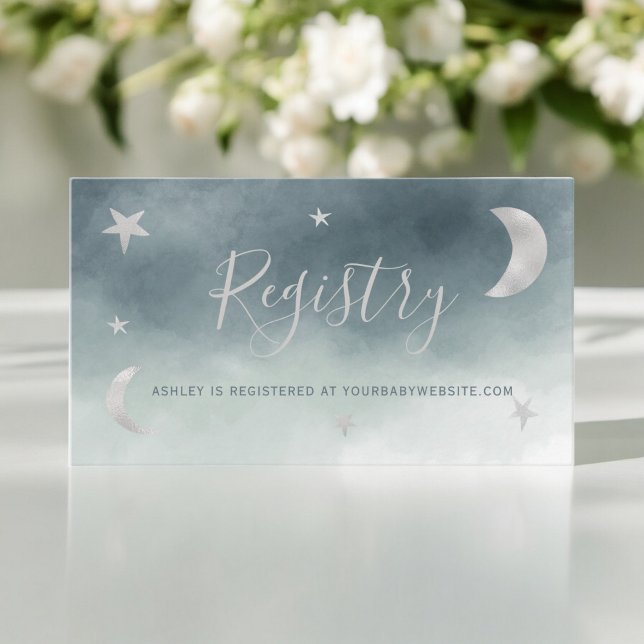 Carte D'accompagnement Belle lune argent étoiles bleu registre baby showe (Cute silver moon stars blue registry baby shower enclosure card)