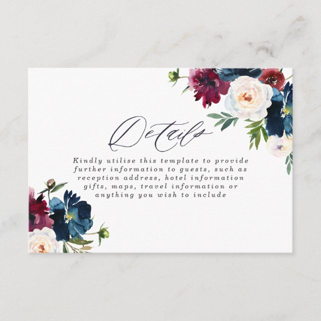 Carte D'accompagnement Belle Marine Burgundy Rouge Blush Floral Mariage (Devant)